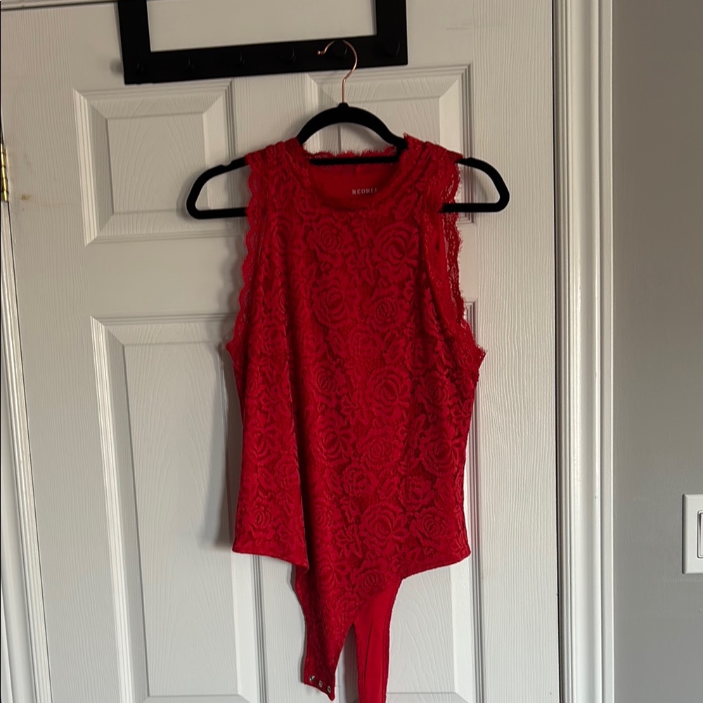 REORIA Red Lace BODYSUIT Sleeveless Top